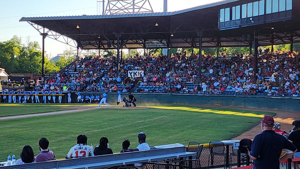 View of home plate as a pitch is thrown