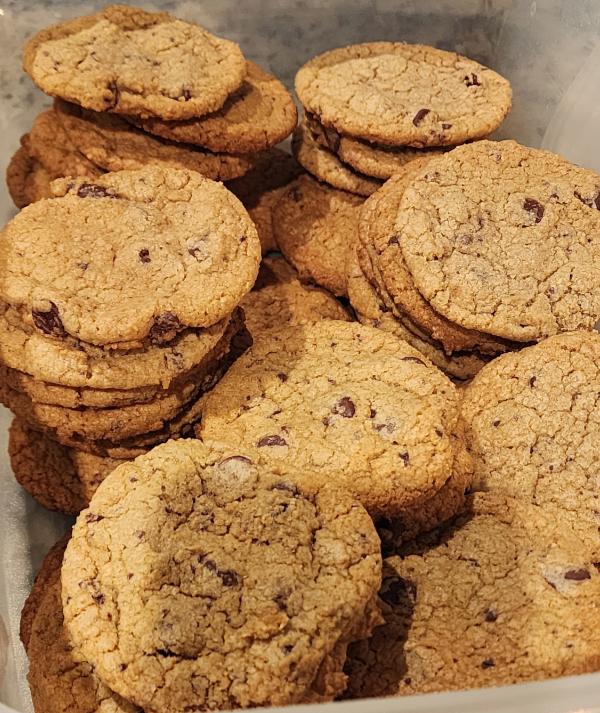 Stacks of delicious looking chocolate chip cookies