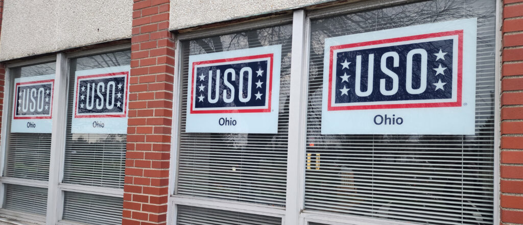 Outside of USO offices with USO Ohio posters in the windows